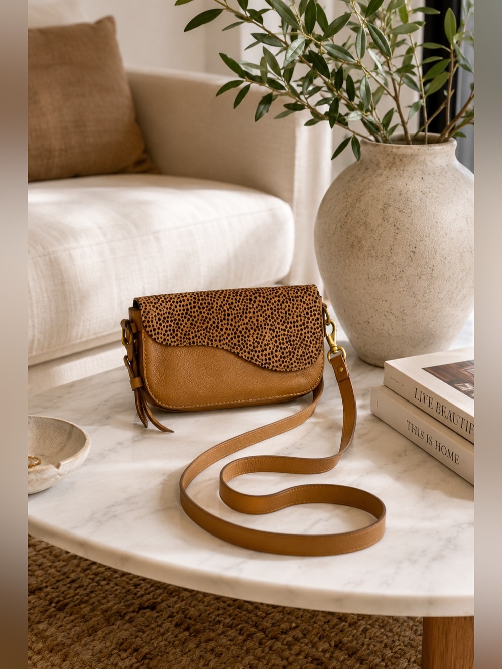 Lucky Brand Genuine Leather & Calf Hair Crossbody Wristlet Bag – Tan Cheetah Pri